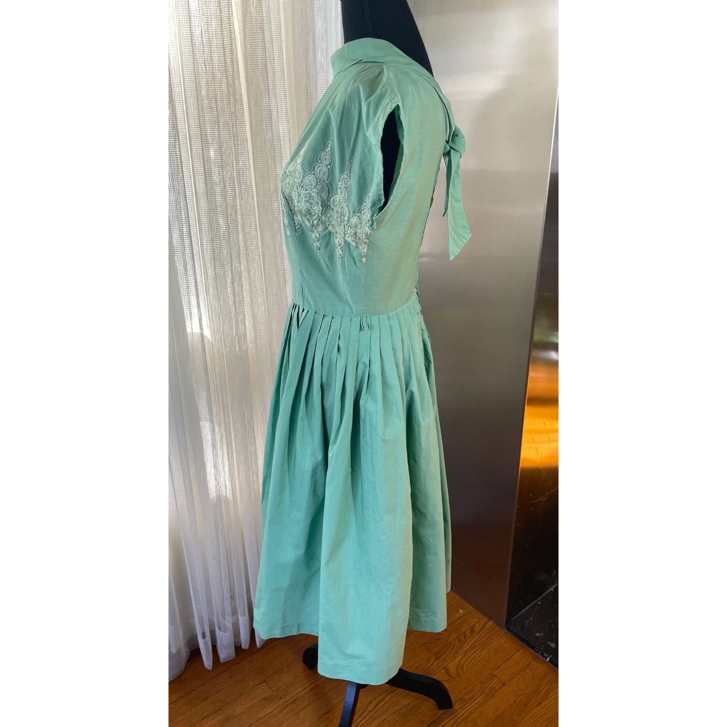 Vintage 50s swing dress, mint green, boat collar, detailed embroidery