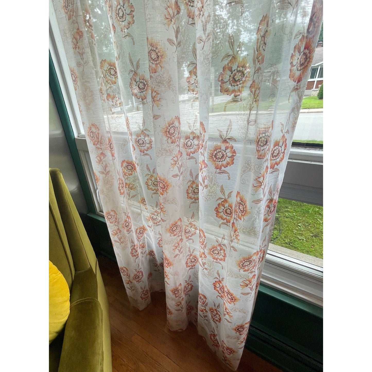 Vintage 60s sheer orange floral pleated curtain