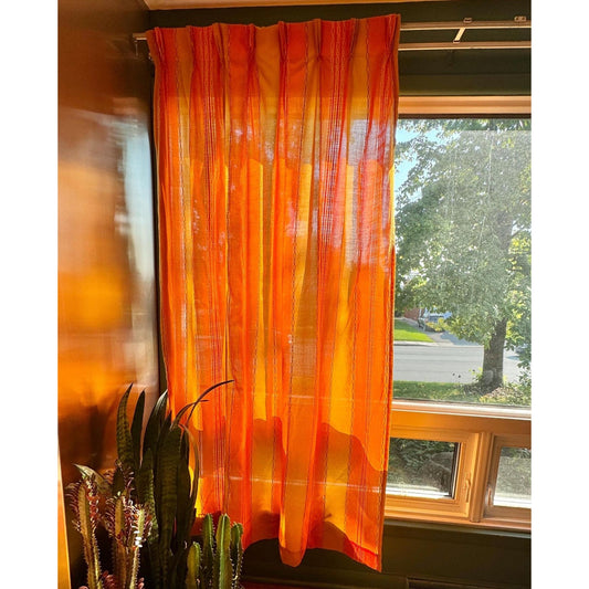 Vintage 70s pleated curtain, yellow orange stripes, woven panel
