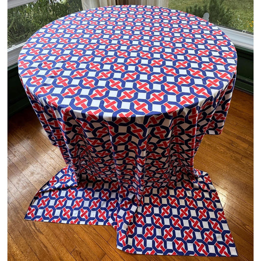 Vintage 70s flat / top sheet, geometric red white and blue shapes, twin size bed, Simpson Sears