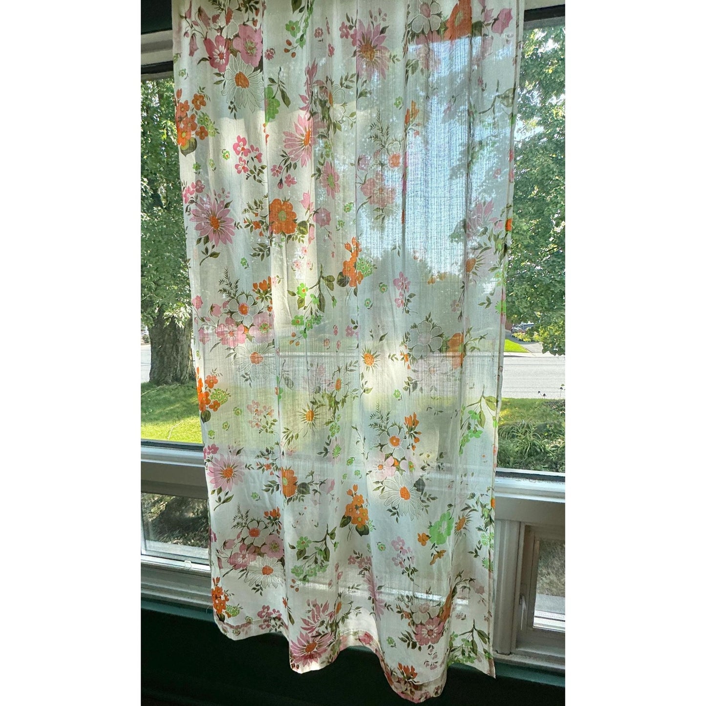 Vintage 70s pleated curtain, pink and orange flowers, white background