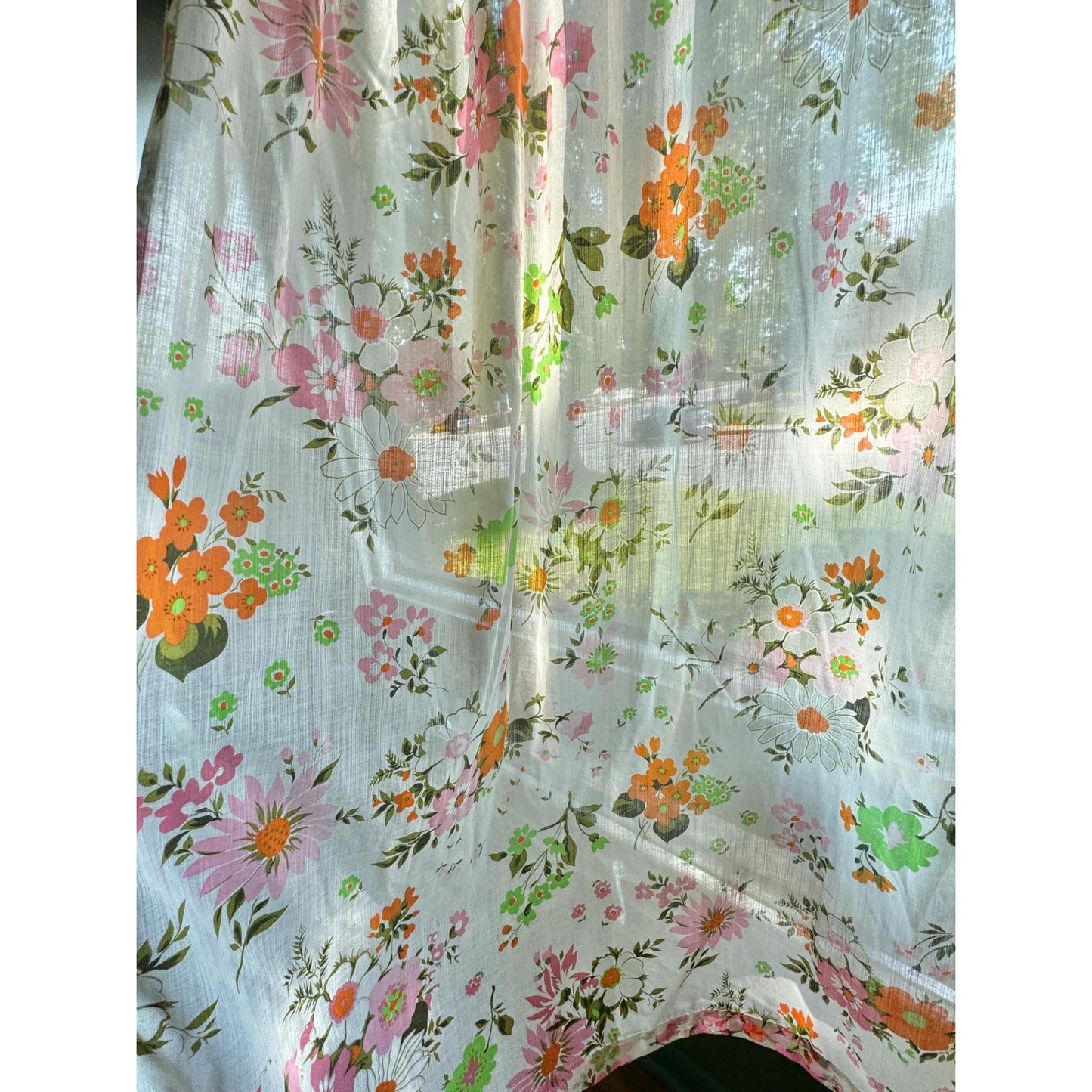 Vintage 70s pleated curtain, pink and orange flowers, white background