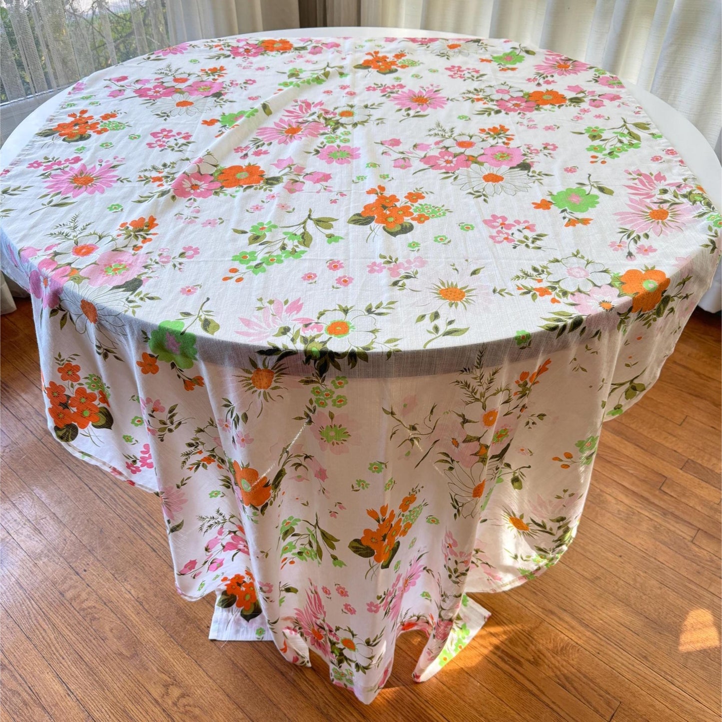 Vintage 70s pleated curtain, pink and orange flowers, white background