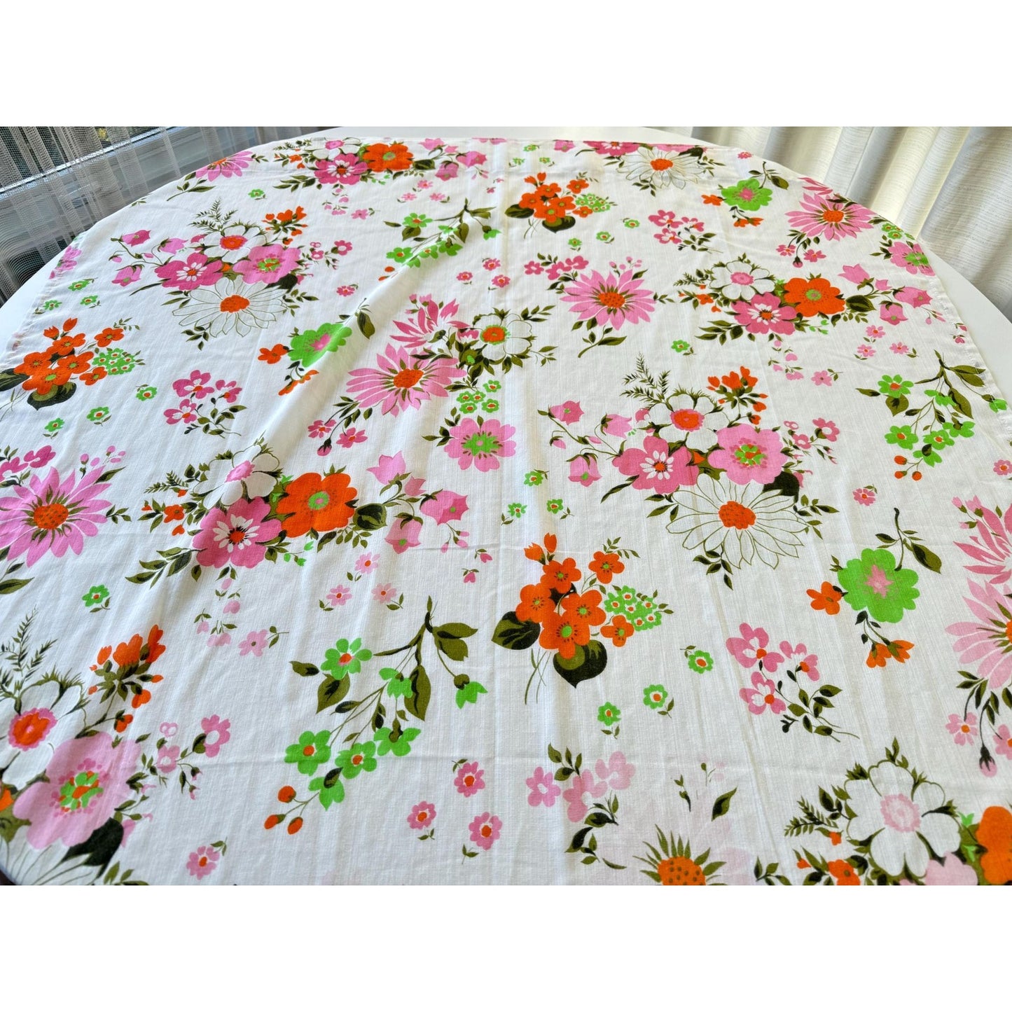 Vintage 70s pleated curtain, pink and orange flowers, white background