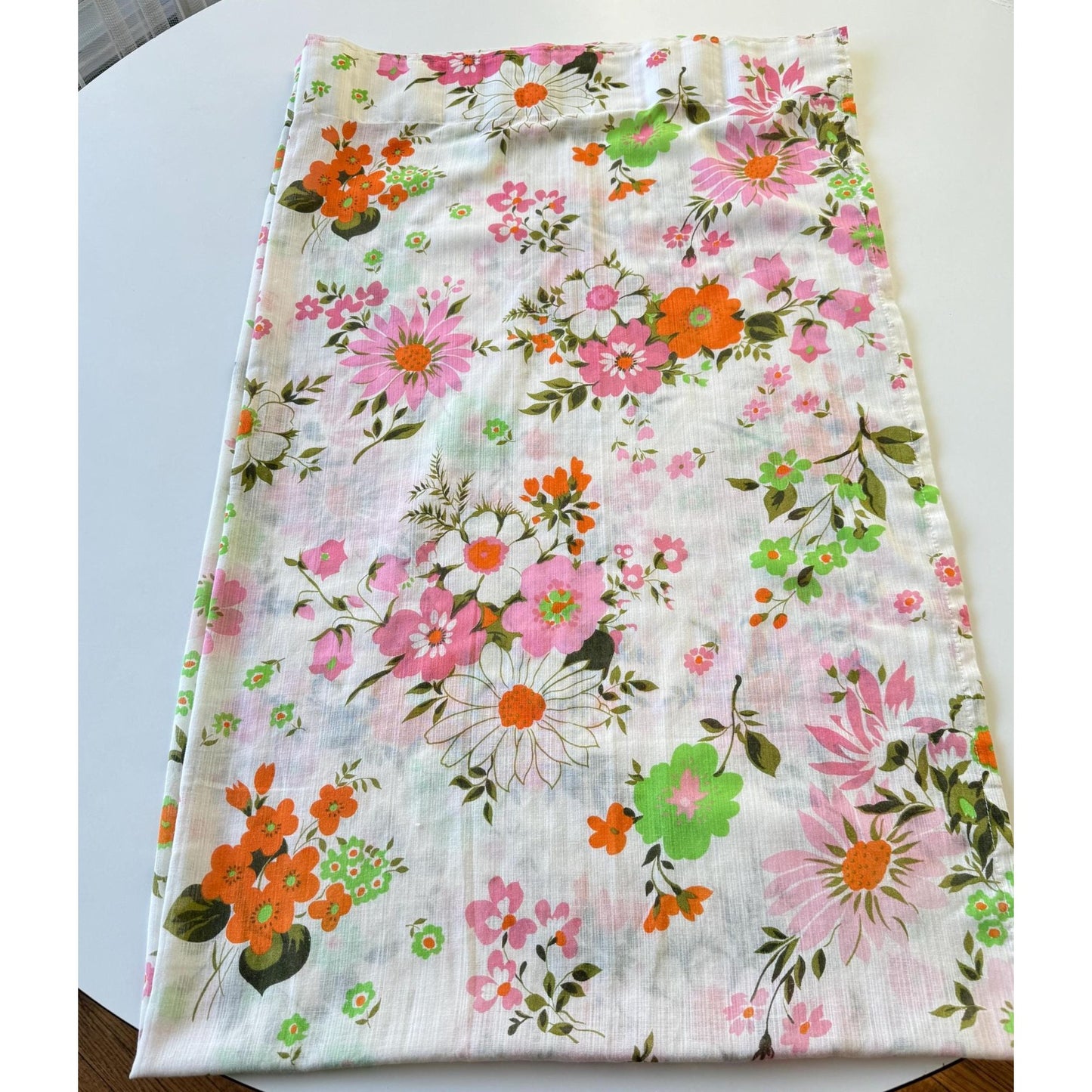 Vintage 70s pleated curtain, pink and orange flowers, white background