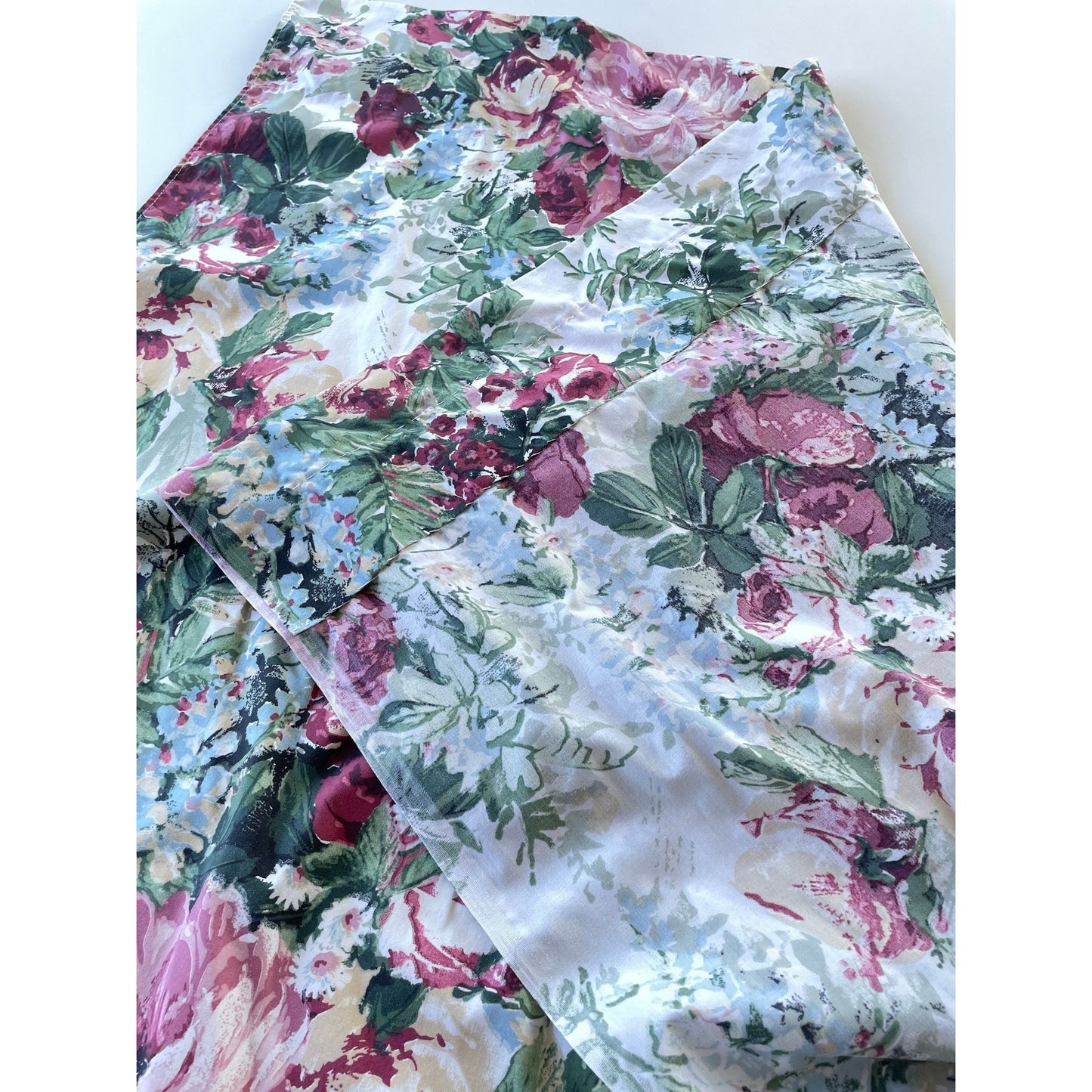 Vintage 80s curtain, green pink floral, ruffled bottom panel