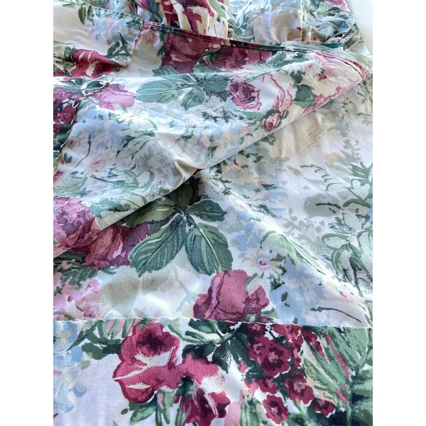 Vintage 80s curtain, green pink floral, ruffled bottom panel