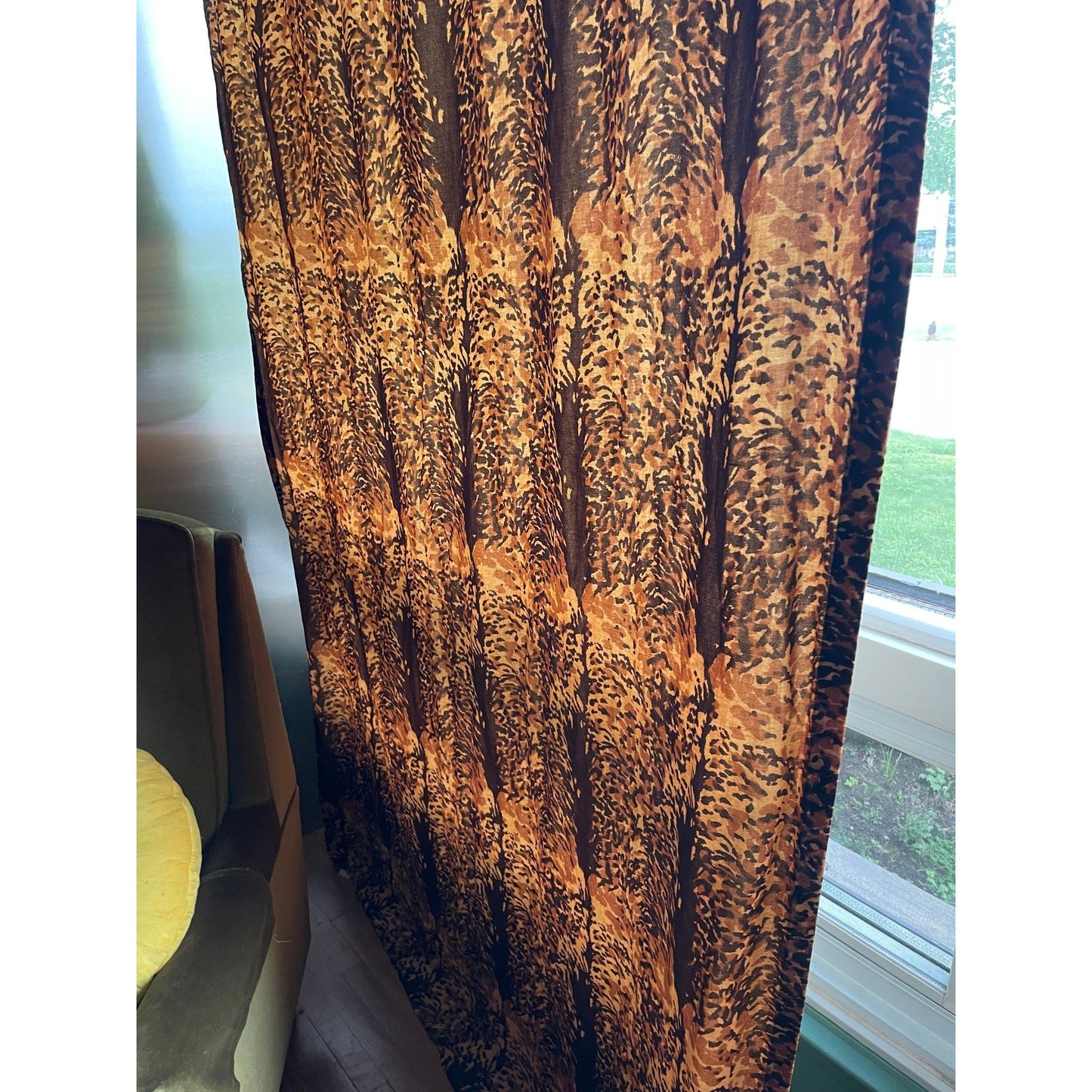 Vintage 80s curtain, faux suede, brown animal print