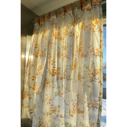 Vintage 80s pleated curtain, orange floral bouquets