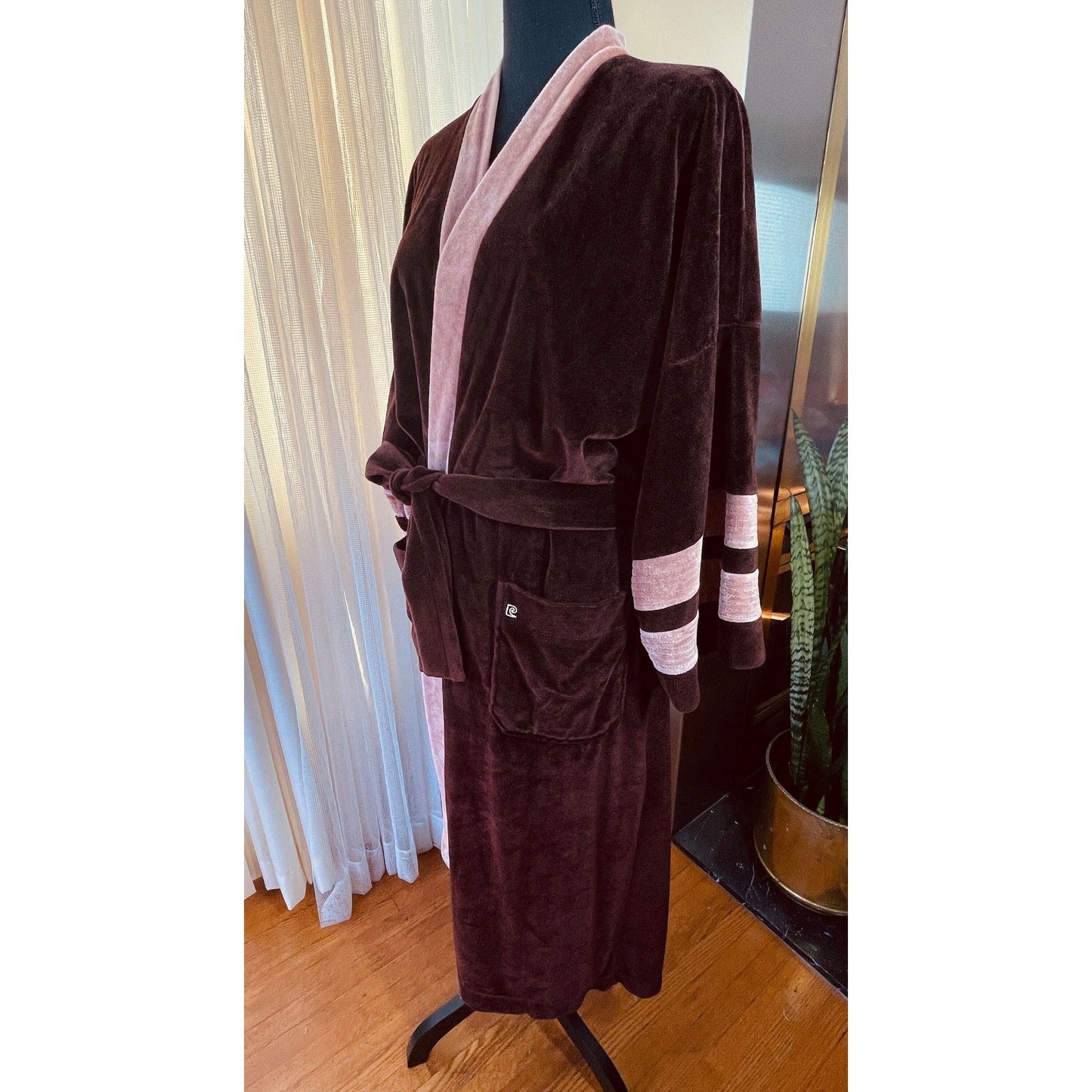 Vintage 1970s bathrobe, chocolate brown velvet, Pierre Cardin