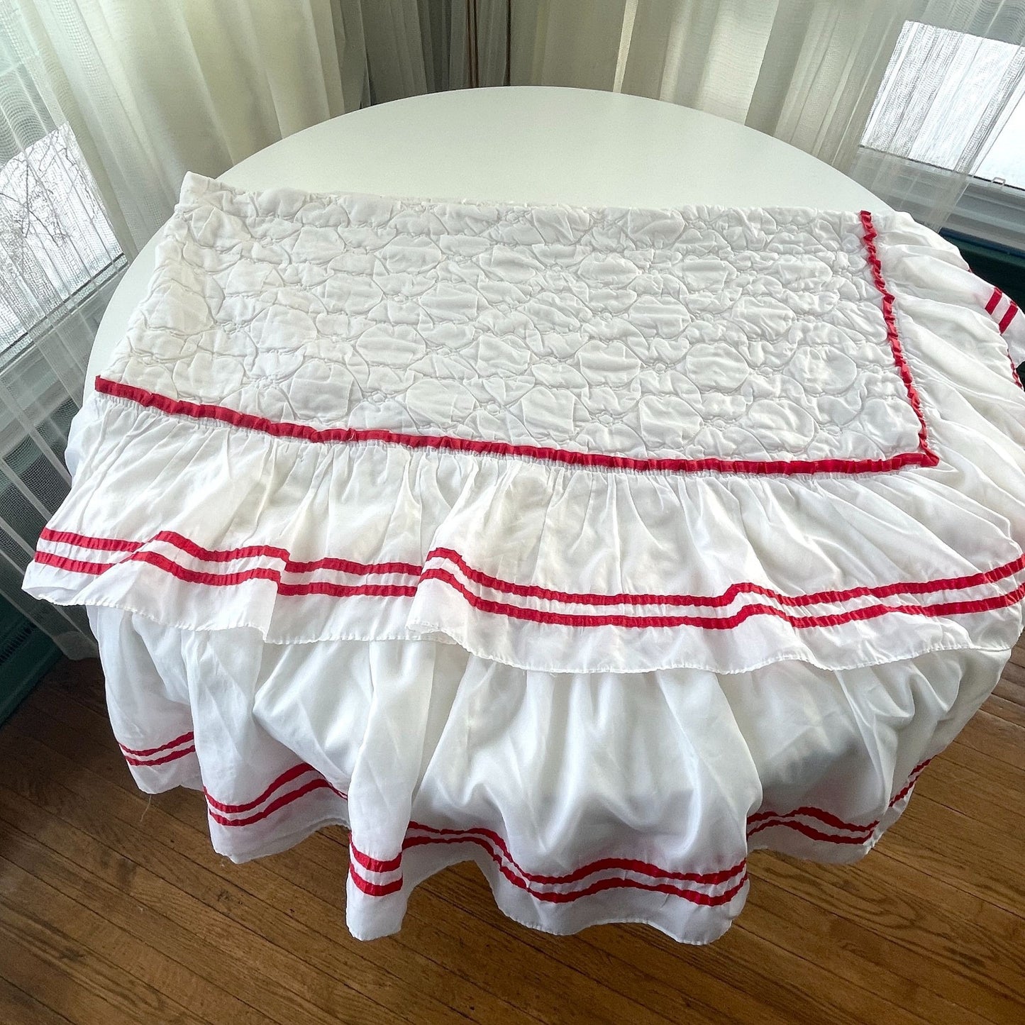Vintage 80s ruffled satin bedspread, twin size, white with red ribbons