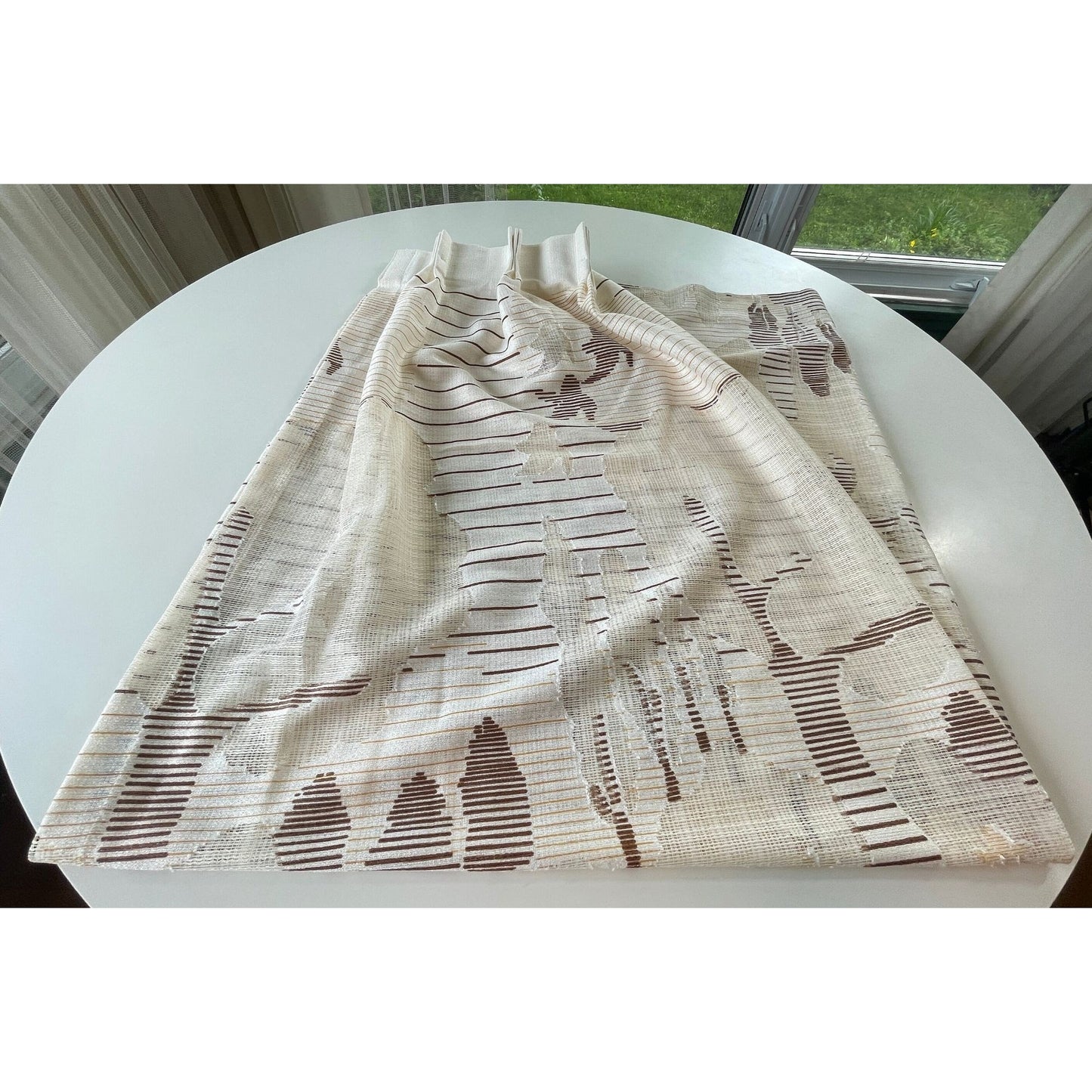 Vintage 80s pleated curtain, beige and brown artistic scenery, single panel