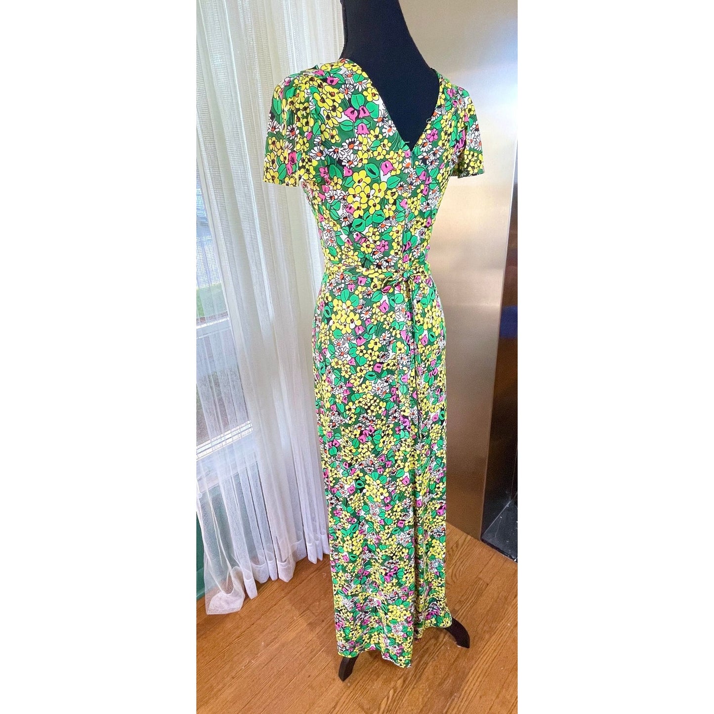 Vintage 1960s maxi dress, green, yellow and pink floral