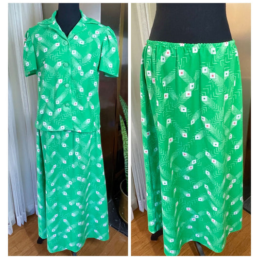 Vintage 80s two pieces set, blouse and skirt, green abstract pattern