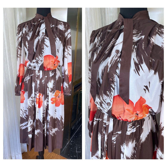 Vintage 70s shirtdress, brown floral, long sleeves