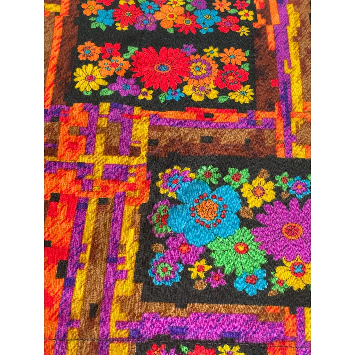 Vintage 70s floral curtain panel, orange, hot pink, green, blue