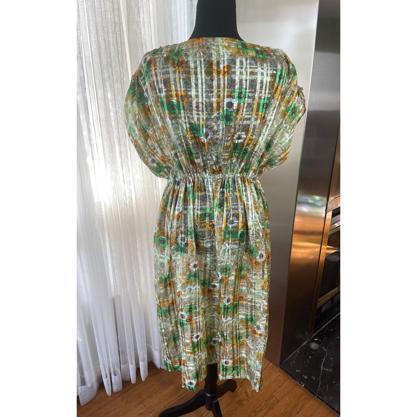 Vintage 80s dress, sheer green orange brown