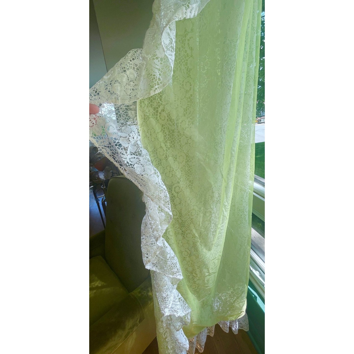 Vintage 70s mesh green and white ruffled curtains