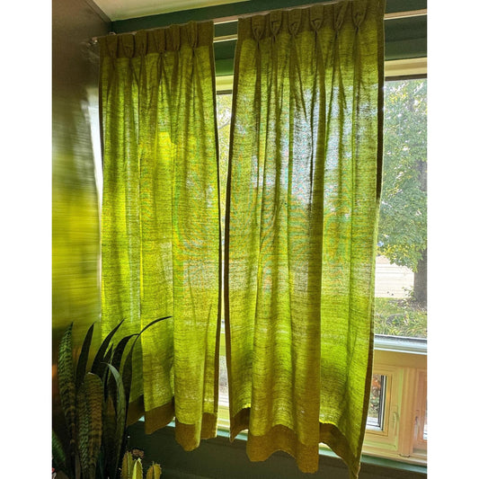 Vintage 1960s pleated curtains, avocado green, pair of panels
