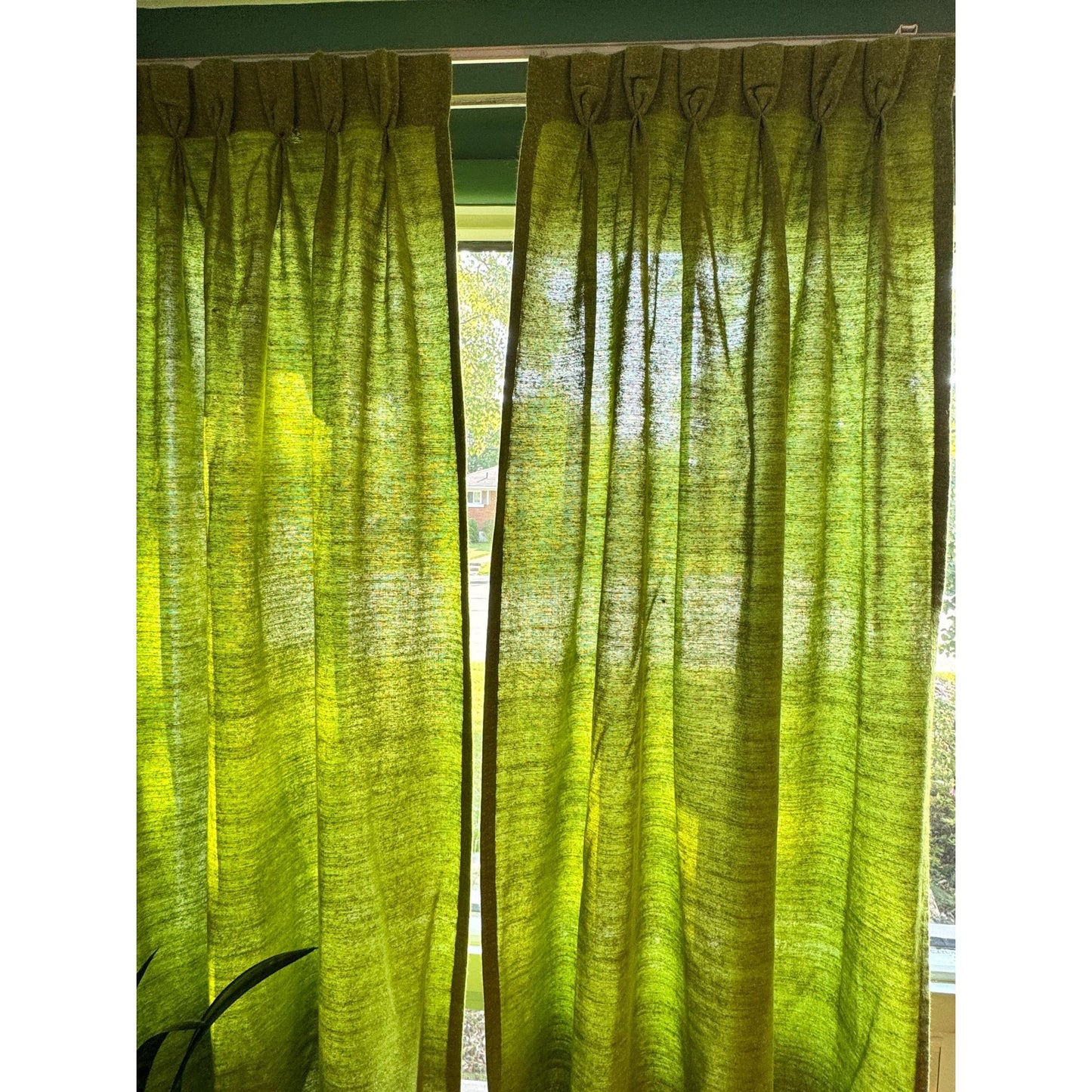 Vintage 1960s pleated curtains, avocado green, pair of panels