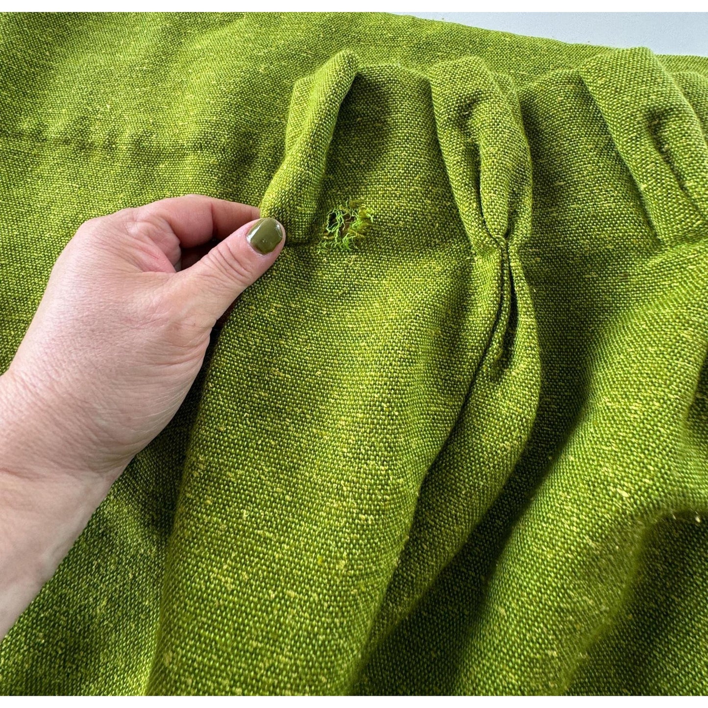 Vintage 1960s pleated curtains, avocado green, pair of panels