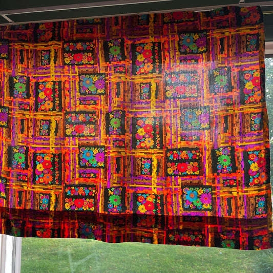 Vintage 70s floral curtain panel, orange, hot pink, green, blue