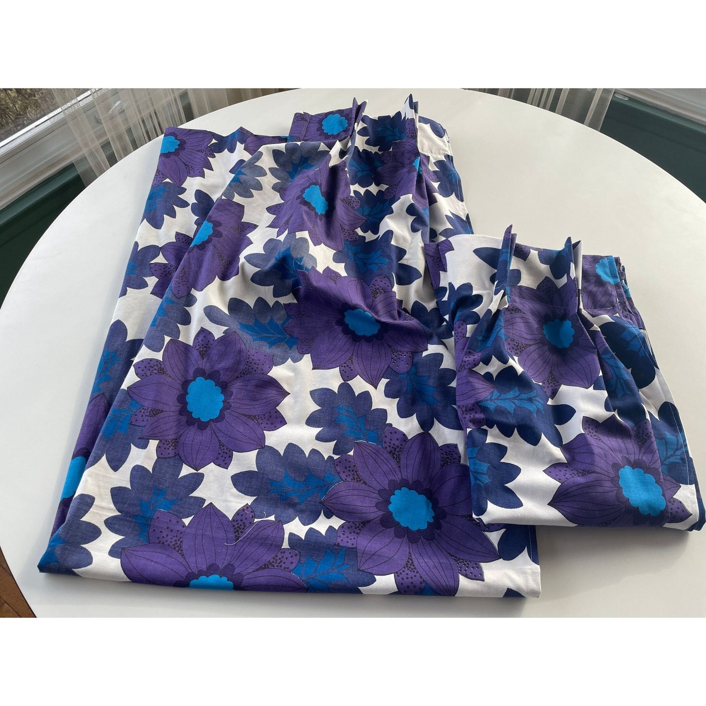 Vintage 70s pleated curtains, purple and blue flowers