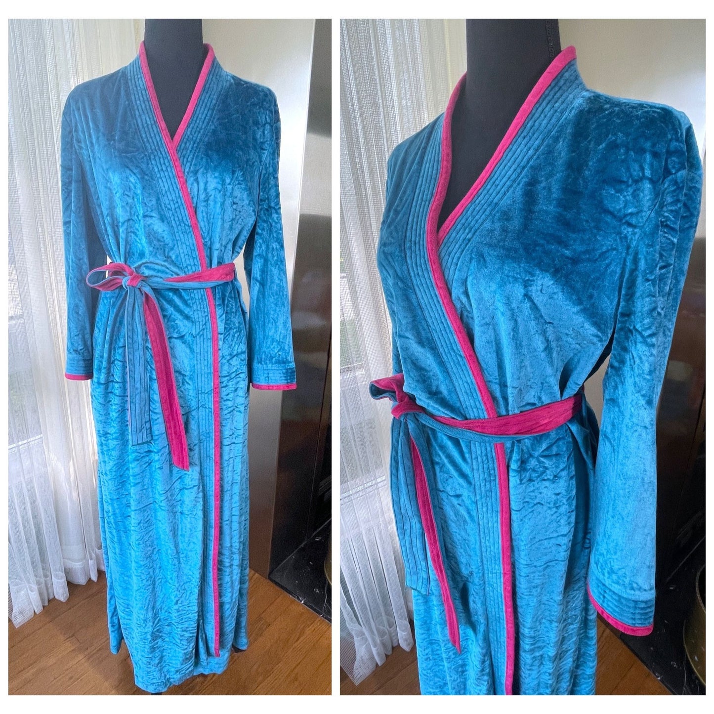 Vintage 80s robe, blue and pink crushed velvet, Sears