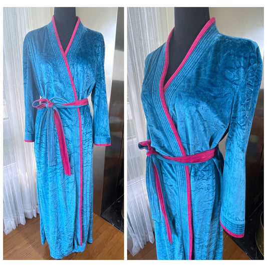 Vintage 80s robe, blue and pink crushed velvet, Sears