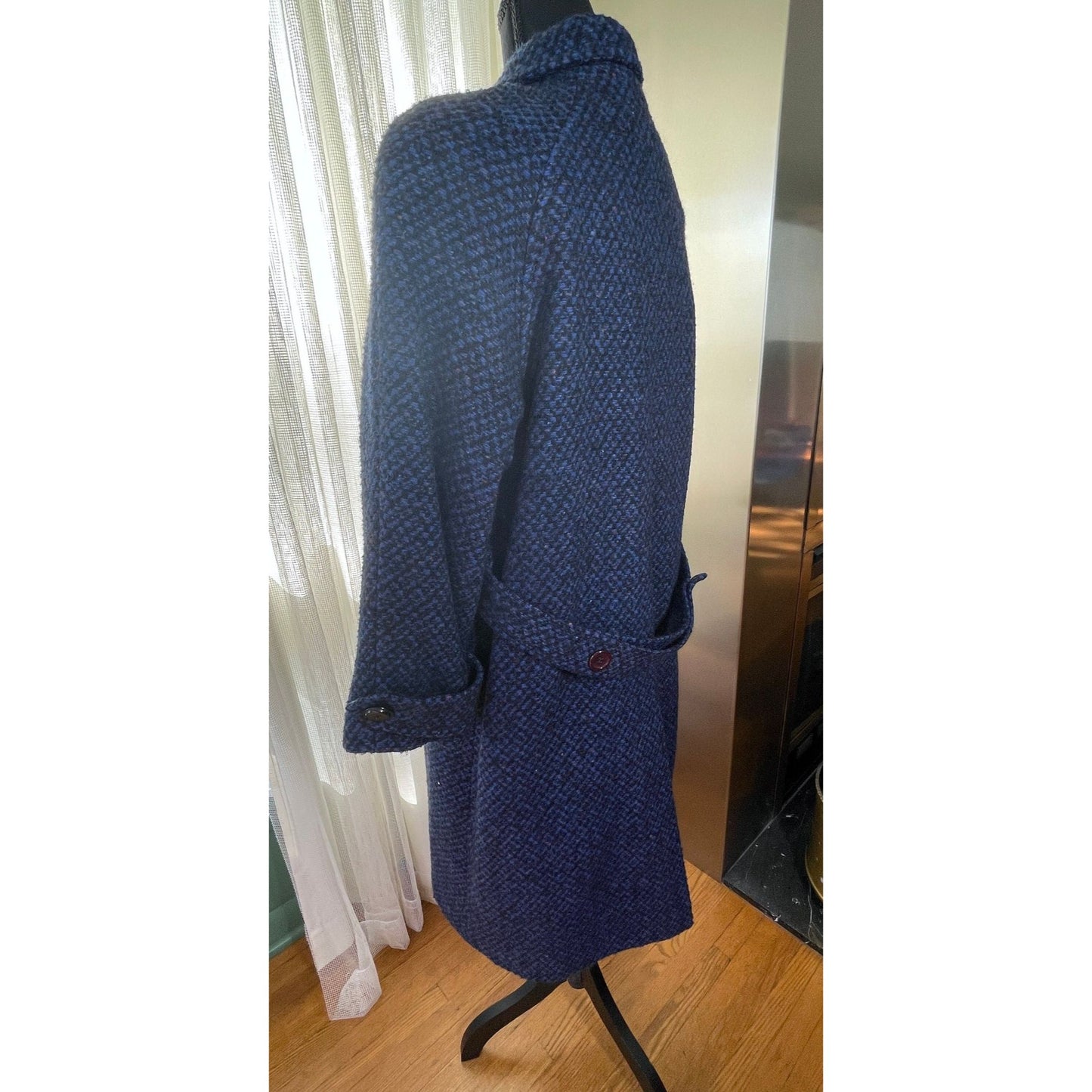 Vintage 80s tweed wool coat, navy and black oversized shoulders, HannaH Collection Coats