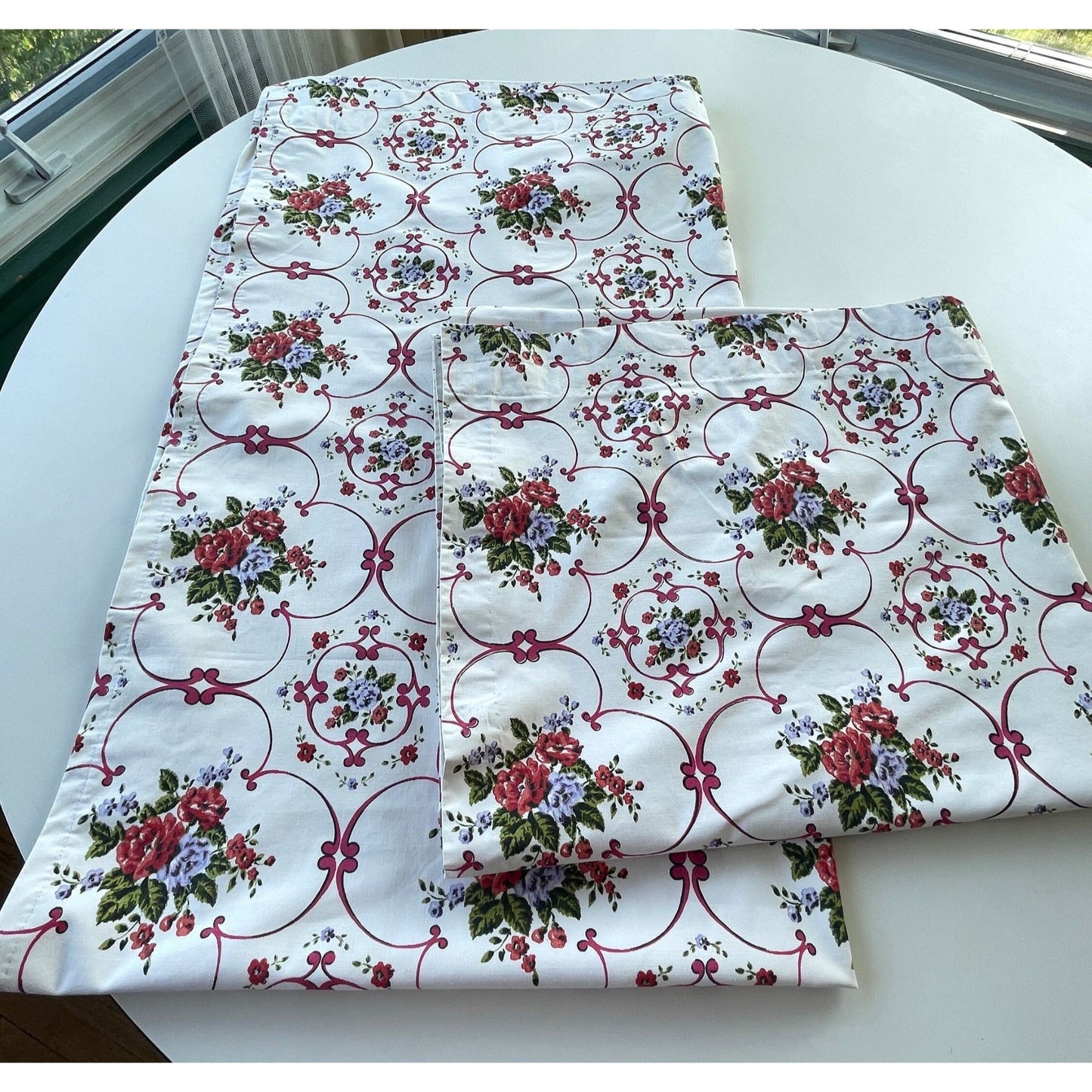 Vintage 60s black out curtains, red white floral