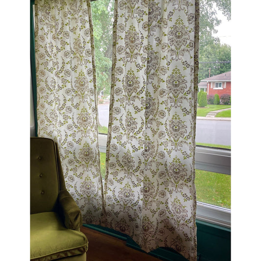 Vintage 60s pleated curtains, green and gold fiberglass panels