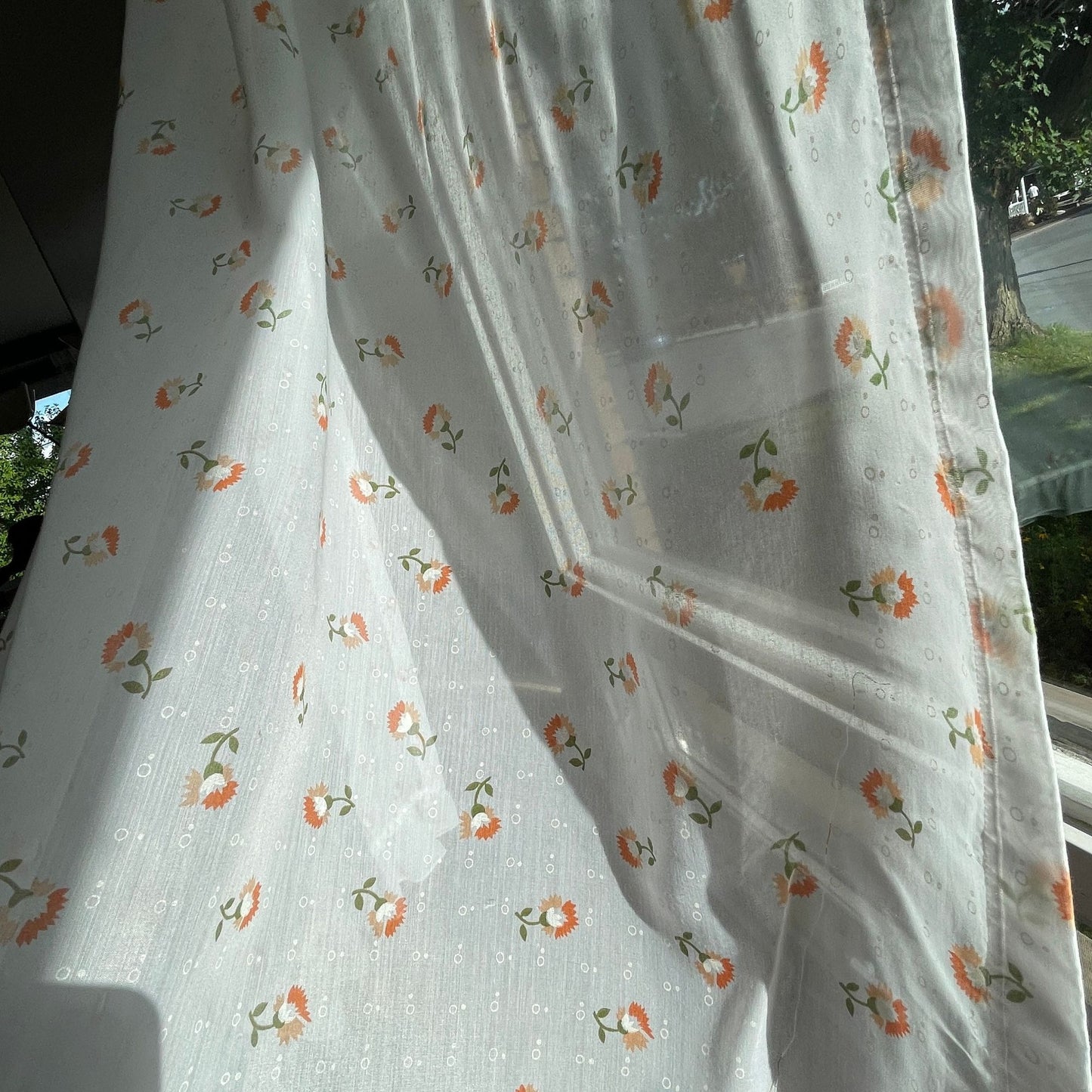Vintage 80s curtain, sheer green yellow floral, single panel