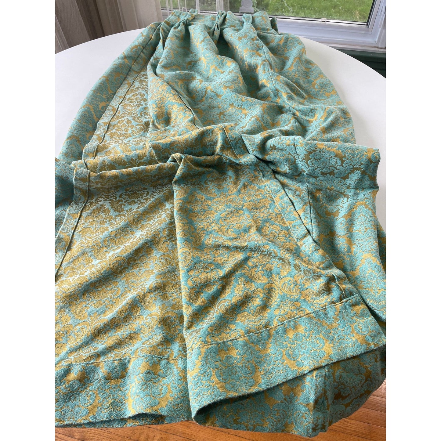 Vintage 60s pleated curtain, teal gold damask
