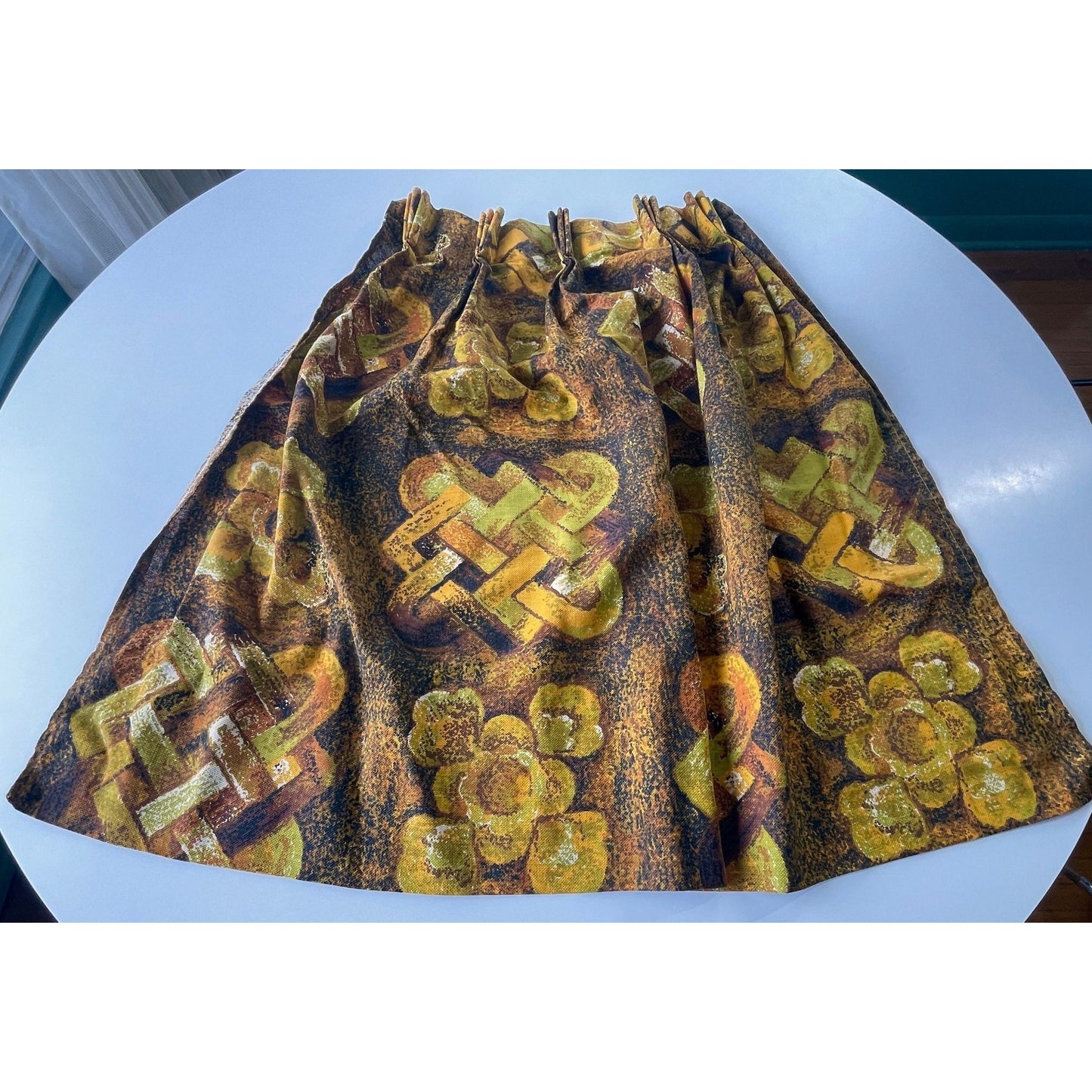 Vintage 60s pleated curtain, MOD orange and brown geometric pattern