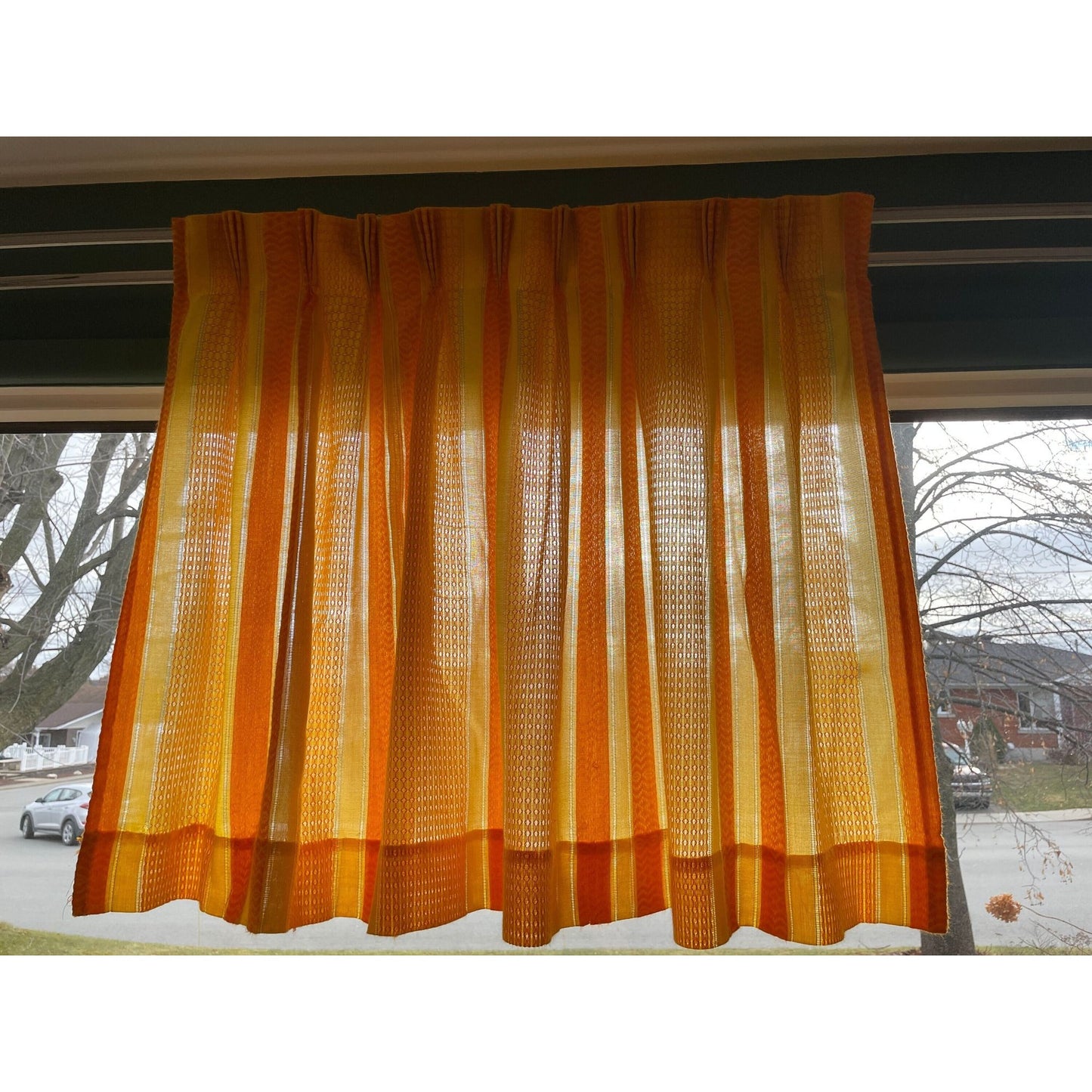 Vintage 70s pleated curtain, orange stripes panel