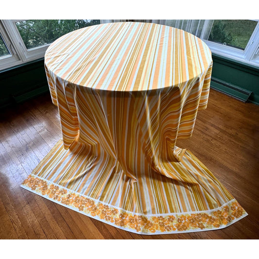 Vintage 70s flat/top sheet, orange floral & striped, twin size bed, TruPress