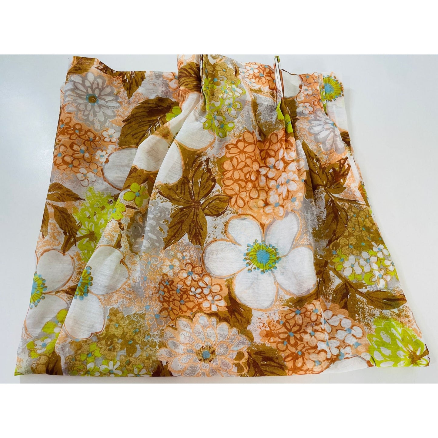 Vintage 70s pleated curtain, orange flowers, sheer panel
