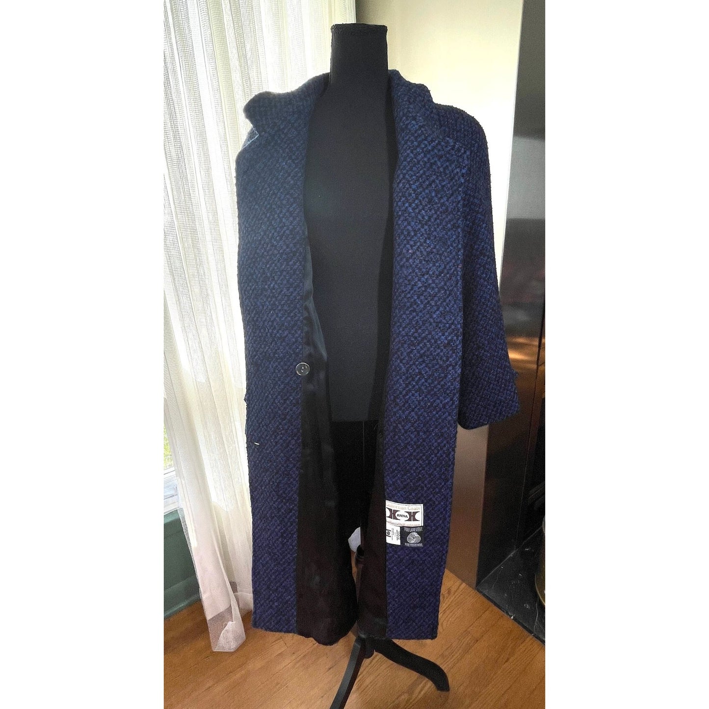 Vintage 80s tweed wool coat, navy and black oversized shoulders, HannaH Collection Coats