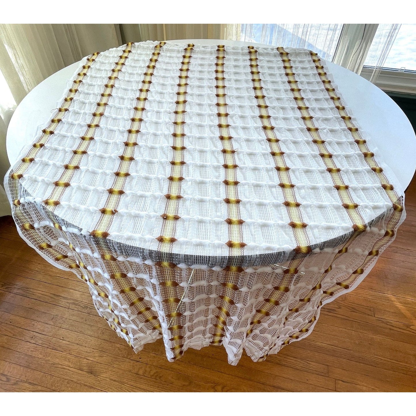 Vintage 70s curtain, orange brown geometric pattern, fluffy mesh panel