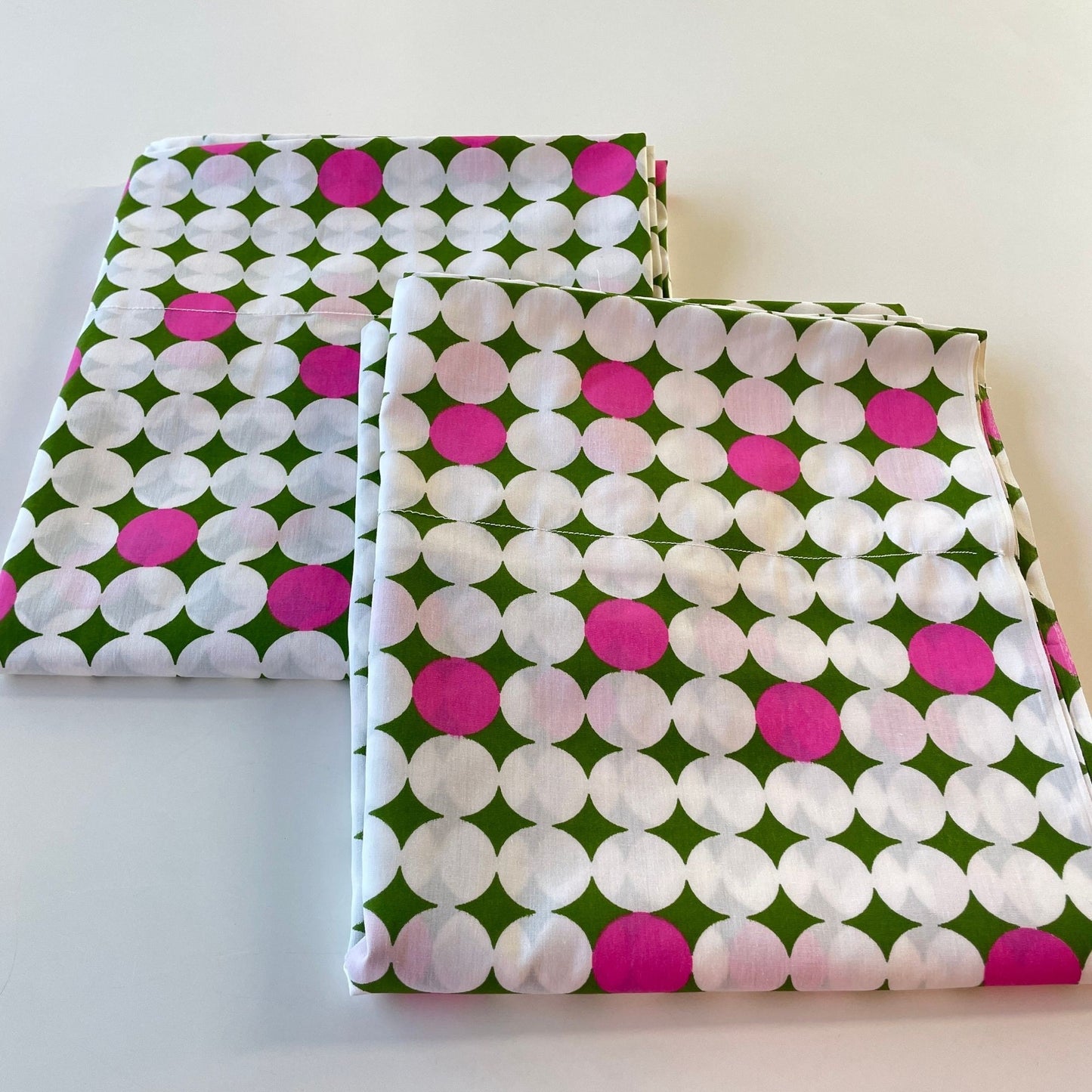 Vintage 70s curtain panels, hot pink and green geometric pattern