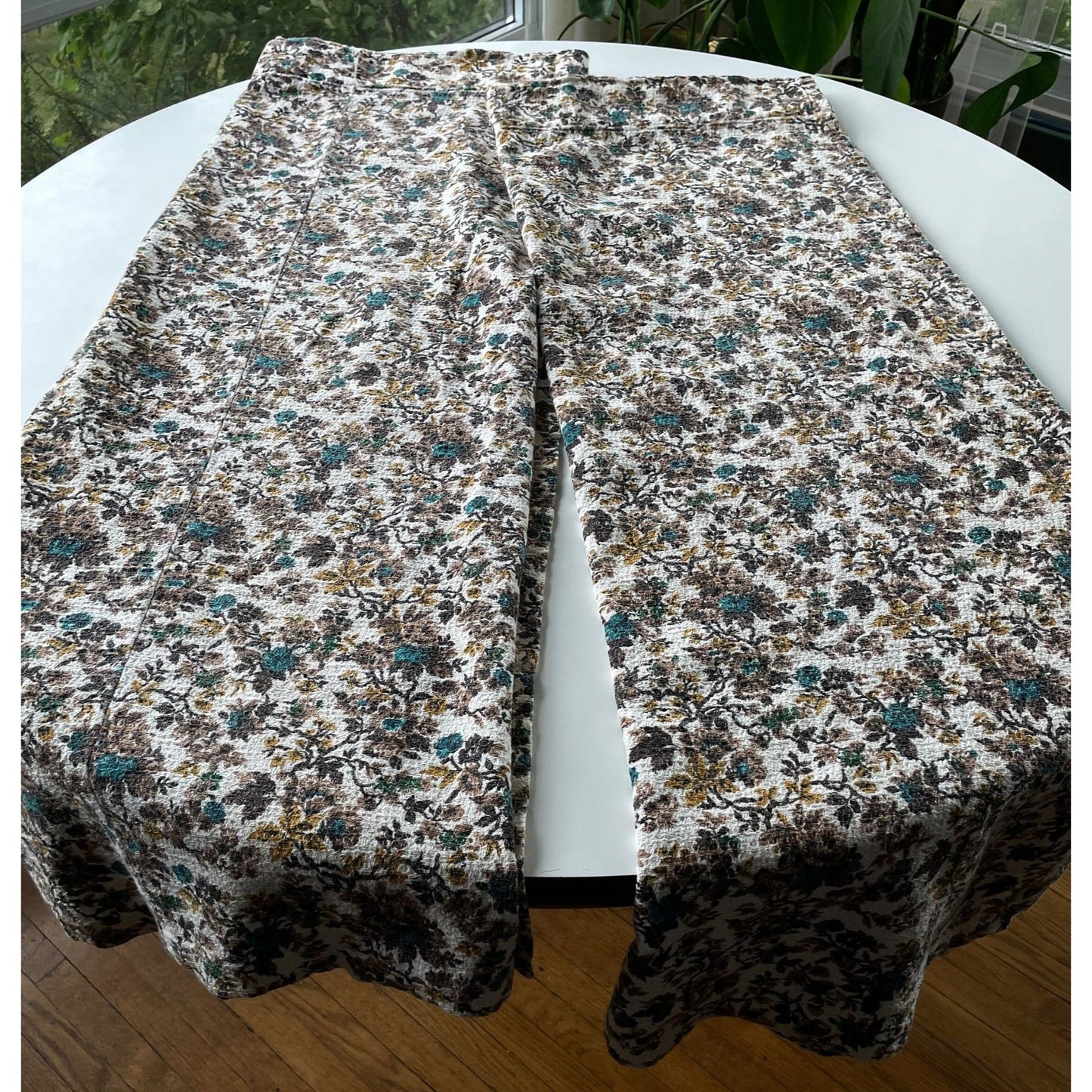 Vintage 60s brown blue floral barkcloth curtain single panel