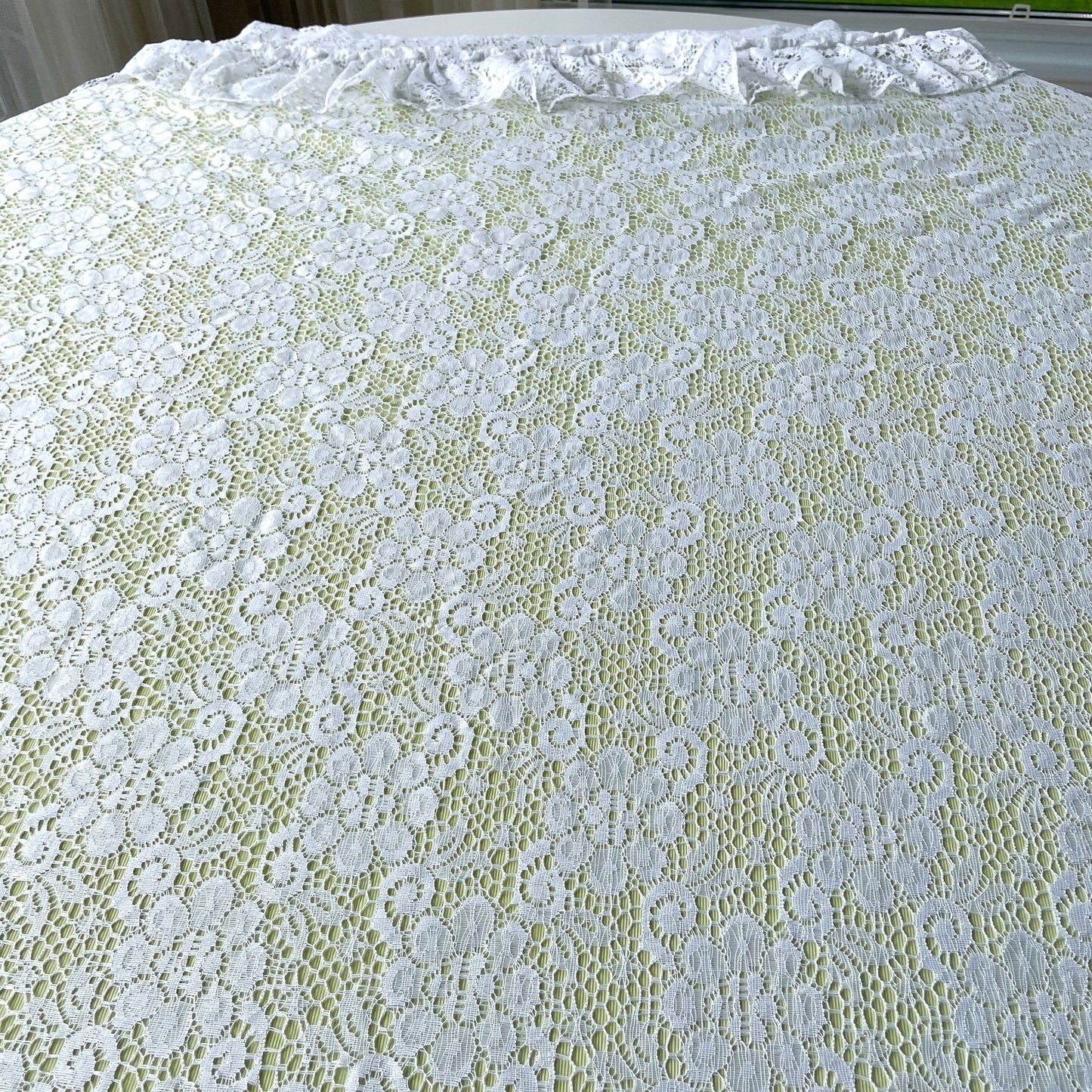 Vintage 70s mesh green and white ruffled curtains