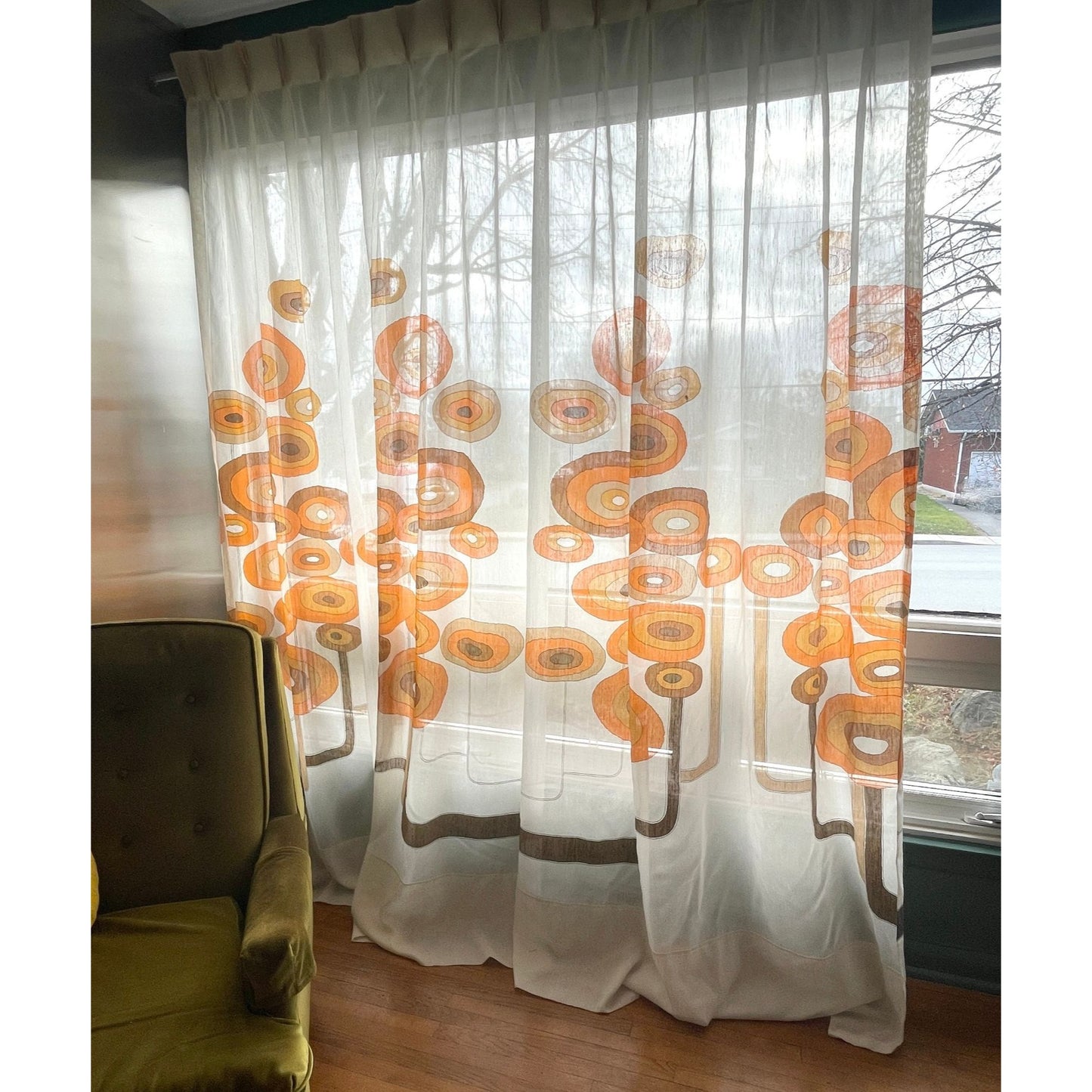 Vintage 60s pleated geographic orange curtain