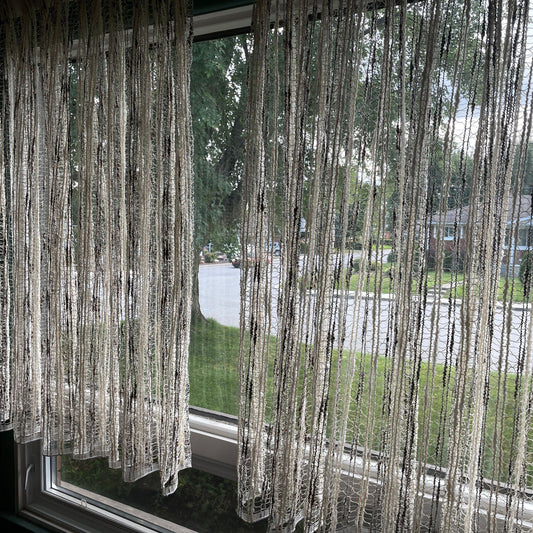 Vintage 70s net woven pleated beige and brown curtains