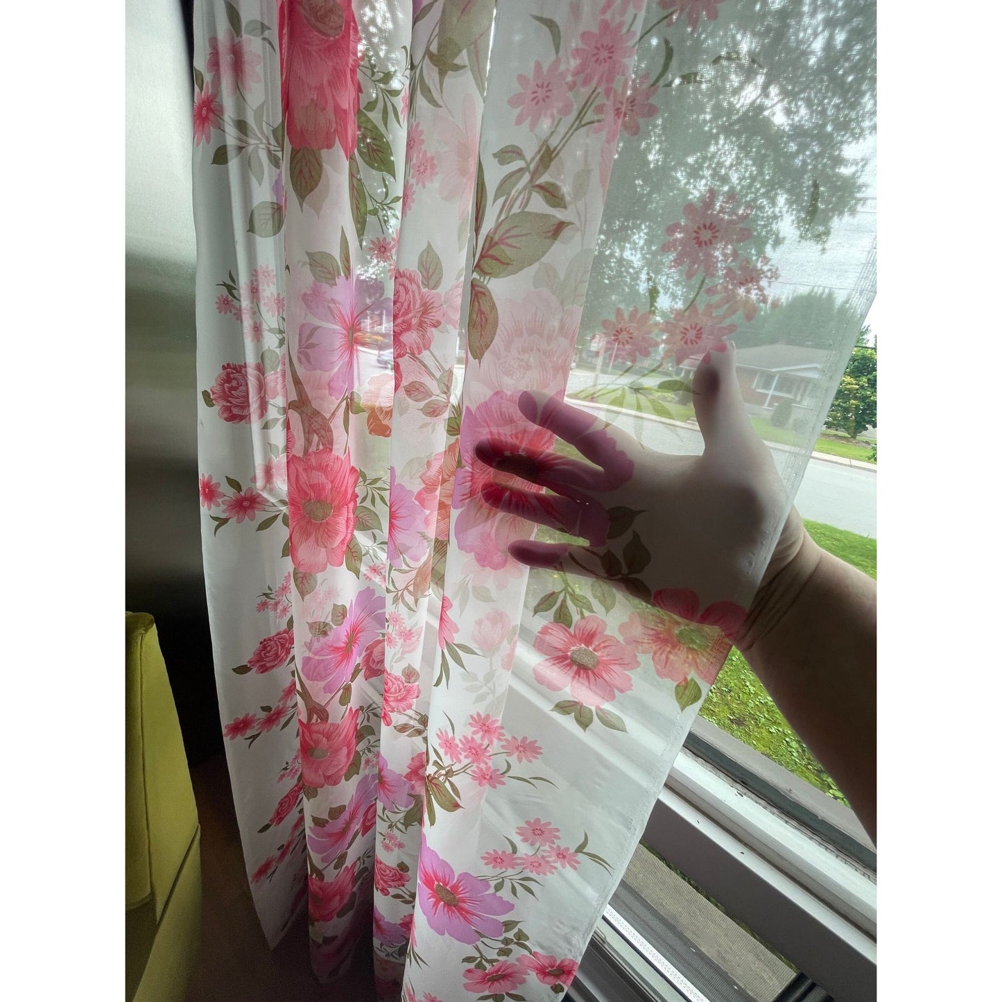Vintage 50s sheer pink floral pleated curtain