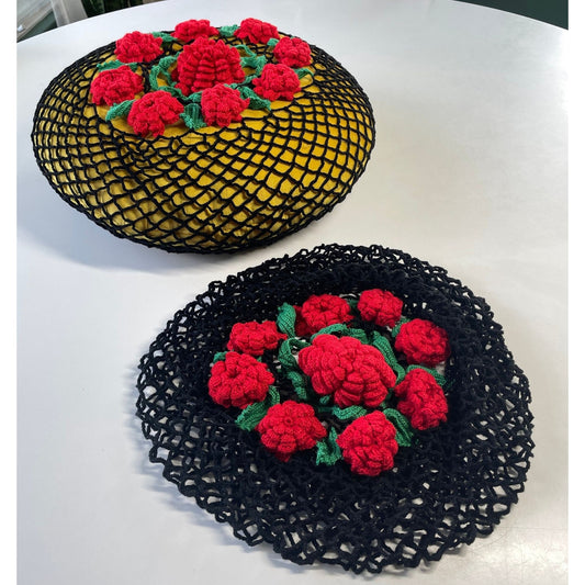 Vintage crocheted cushion pillow cover, black with red roses