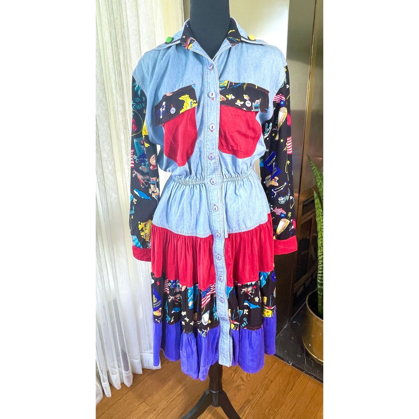 Vintage 80s dress, denim shirtdress, full skirt American patriotic pattern, D. Frank