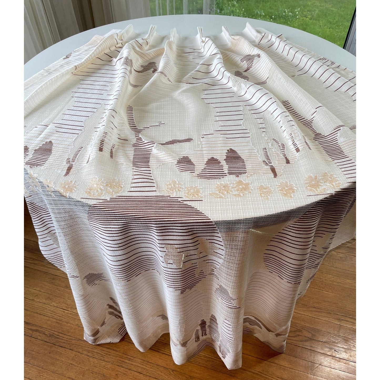Vintage 80s pleated curtain, beige and brown artistic scenery, single panel