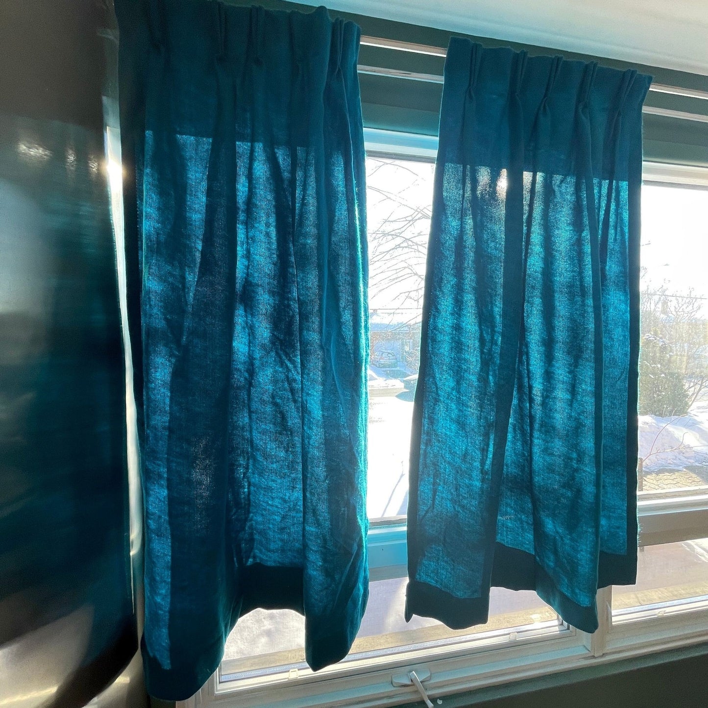 Vintage 70s pleated curtains, pair of blue thick panels, Sears